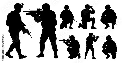 Collection of black military soldier silhouettes performing tactical maneuvers including aiming weapons walking kneeling and observing through binoculars during mission