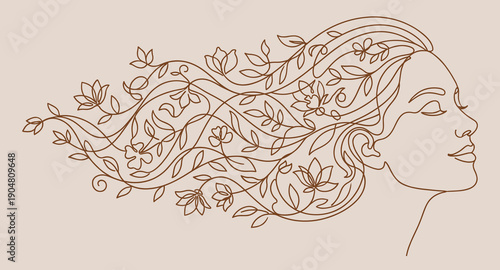 Elegant continuous line drawing of a female face profile featuring flowing hair decorated with blooming flowers and organic leaf patterns