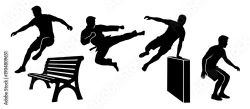 Collection of black silhouettes featuring men performing parkour stunts vaulting over obstacles and executing a powerful martial arts flying kick