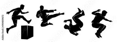 Collection of black silhouettes featuring men performing parkour stunts martial arts kicks and acrobatic jumps during intense physical training sessions