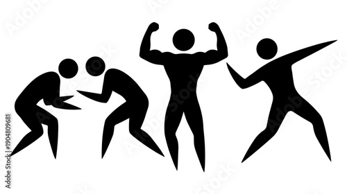 Collection of black human silhouettes featuring wrestlers grappling a bodybuilder flexing muscles and a fighter in a dynamic action stance
