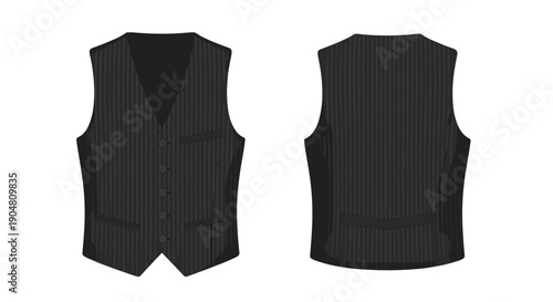 Classic men's black pinstripe waistcoat, presented with front and back views, showcasing timeless formal fashion and