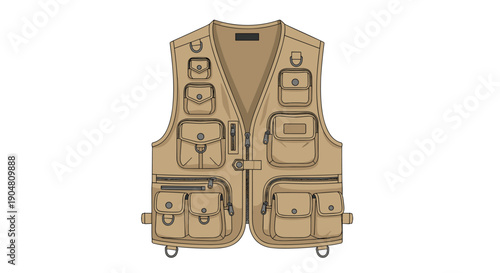 Functional beige utility vest designed for outdoor activities, featuring numerous practical pockets and compartments,