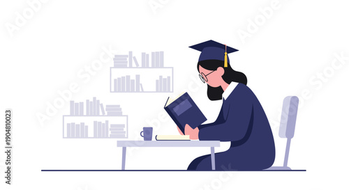Dedicated graduate student wearing a cap and gown, intently reading a book at a desk, surrounded by scholarly