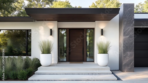 Modern home entryway with dark wood door, white planters, and gray marble accent