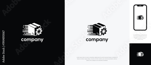 Fast Delivery Logistics Tech Logo - Speedy Box and Gear Icon for Shipping Company.