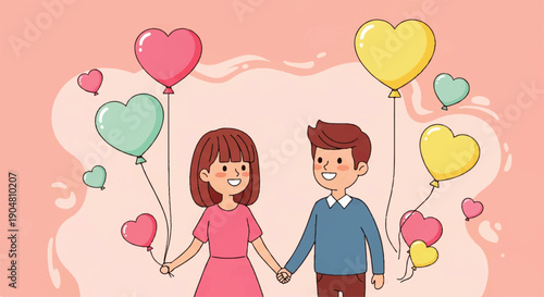Couple holding hands with balloons, celebrating love and romance with heart-shaped decorations
