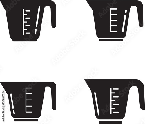 Four black plastic measuring cups with white markings in silhouette style