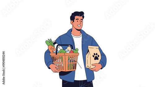 Smiling man carries a shopping basket full of groceries and a bag of pet food, representing a daily routine or chore.