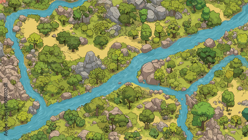 Top down view of a detailed landscape map showing winding rivers, lush forests, and rocky terrain in a pixel art style.