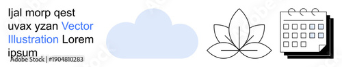 Nature, mindfulness, time management, planning, environmental care, self-care. Minimal icons of a cloud, lotus and calendar environmental and well-being. Nature and mindfulness concepts