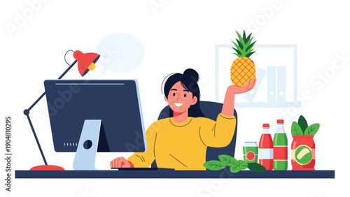 Woman sits at her computer desk holding a pineapple, surrounded by healthy snacks and drinks in a colorful setting.