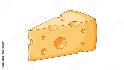 Delicious wedge of Swiss cheese with characteristic holes is shown in a clean and appetizing food illustration style.