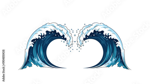 Symmetrical illustration of two powerful blue ocean waves crashing with white sea foam and droplets on a white background.