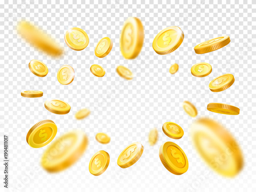 Falling gold coins isolated on transparent background for jackpot win and wealth concept