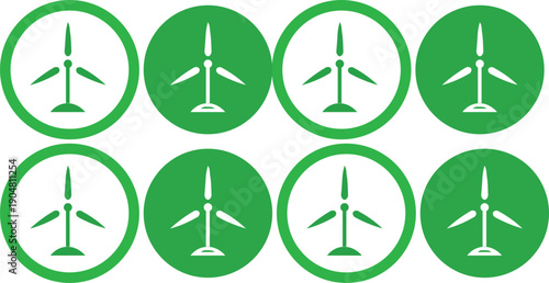 Eight green and white circular icons depicting wind turbines, symbolizing renewable energy and environmental sustainability.