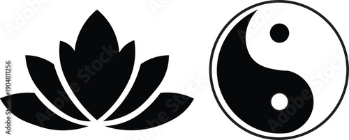 Black silhouette of a lotus flower and a Yin and Yang symbol representing balance and spirituality.