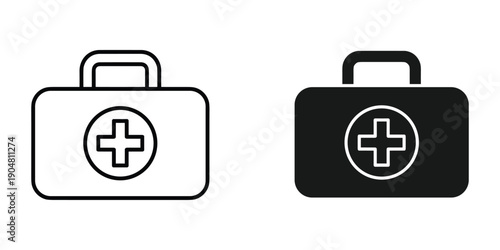 Two depictions of a first aid kit one white outline and one solid black both featuring a medical cross symbol