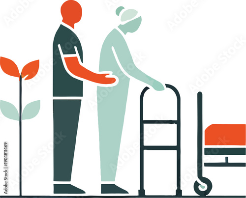 Caregiver assisting elderly person with walker and trolley