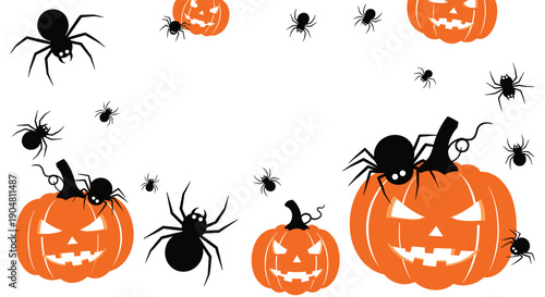 A festive Halloween background pattern featuring carved orange pumpkins with spooky faces and numerous black spiders