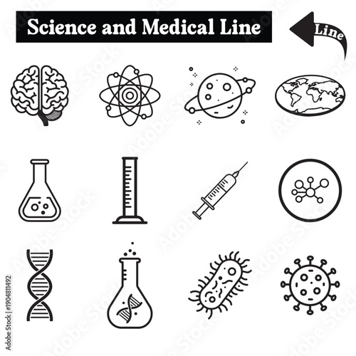 Science and Medical Line Icons Set in Black and White