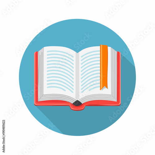 Open red book with orange bookmark in a blue circle