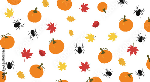 A delightful autumnal Halloween seamless pattern featuring small orange pumpkins, black spiders, and colorful falling