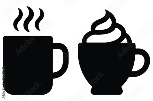 Two black silhouette icons depicting hot beverages with steam and whipped cream