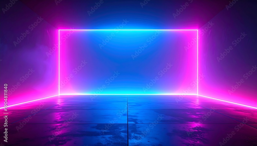 Fototapeta premium Futuristic empty room with a glowing rectangular neon frame casting pink and blue light on a reflective dark floor