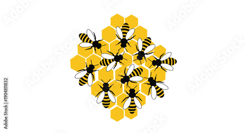 A vibrant illustration depicting numerous honey bees diligently working on a golden hexagonal honeycomb structure,