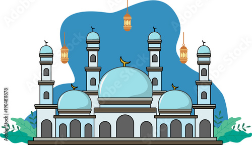 Illustration of cartoon mosque with ornament decoration