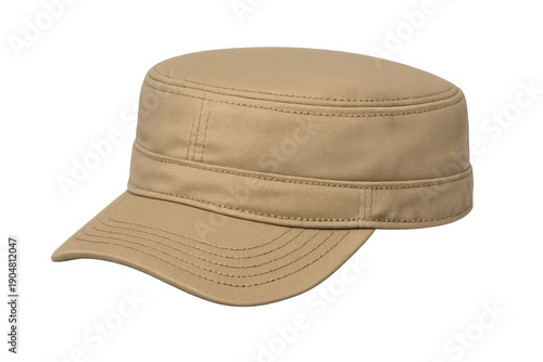 Khaki military cadet hat with flat top and visor, army style headwear, fashion accessory, transparent background
