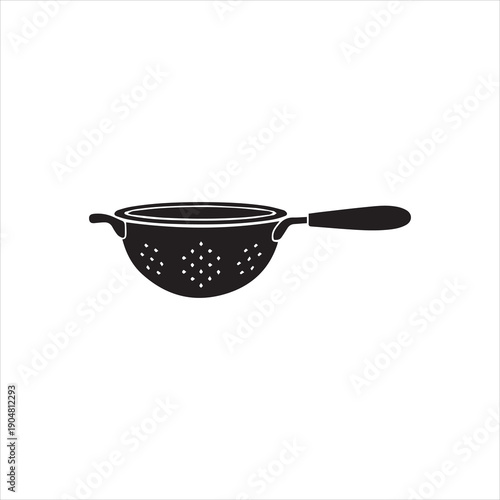 
Simple black and white silhouette icon of a kitchen colander with a handle used for draining pasta or washing vegetables in culinary preparation settings