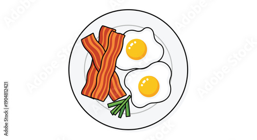 Delicious breakfast plate featuring two sunny-side-up fried eggs, crispy bacon strips, and fresh chives for garnish.