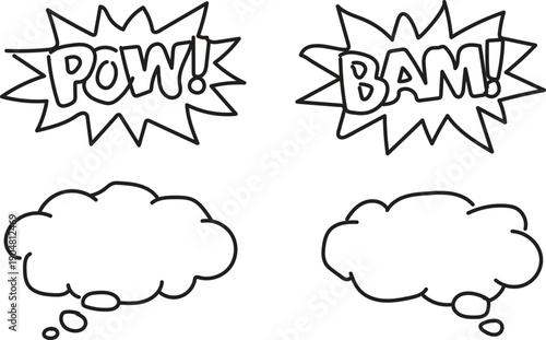 hand drawn comic book speech bubbles and thought clouds set with action text elements