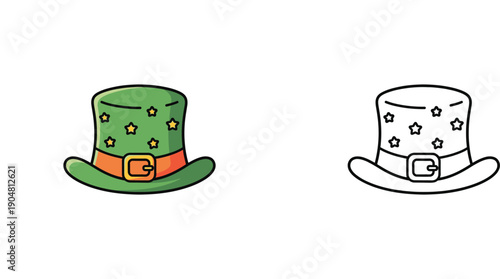 Green Leprechaun hat with stars vector illustration. St. Patrick's Day icon. Colored and outline version for coloring book page.