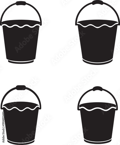 Four black buckets with handles in silhouette style