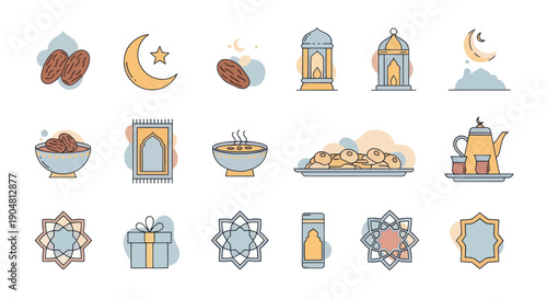 Ramadan Icons Set: Crescent Moon, Dates, Lanterns, Prayer Mat, Food, Tea, Gift
