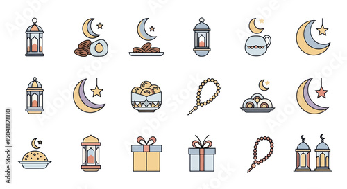 Ramadan Icons: Moon, Lanterns, Dates, Prayer Beads, Gifts, Star