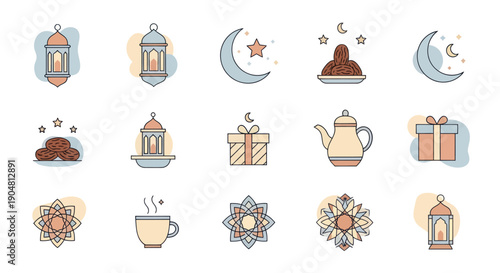 Ramadan Icons Set: Lanterns, Moon, Dates, Gifts, Coffee, Islamic Patterns