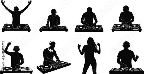 DJ silhouettes, music mixing, turntable performance, headphone posture, dance motion, party figure, entertainment design, club illustration, energetic vibe, flavector