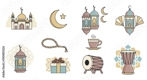 Ramadan Icons Set: Mosque, Crescent Moon, Lanterns, Dates, Prayer Beads, Drum, Coffee