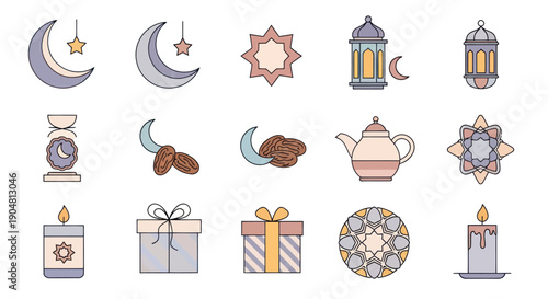 Ramadan Icons Set: Moon, Lanterns, Dates, Gifts, Candle, Teapot, Star, Hourglass