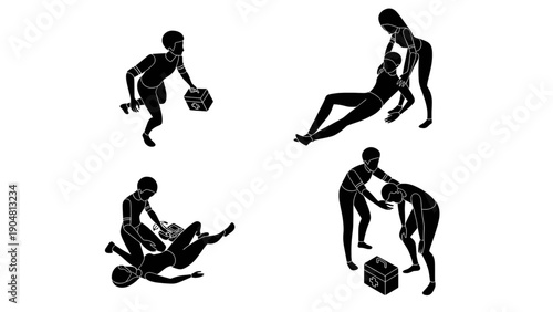 A dynamic silhouette set illustrating sports movements and physical training activities.