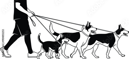 Dog walking silhouette, person with pets, leash posture, outdoor activity, pet care, canine motion, animal design, lifestyle illustration, urban vector, flavector