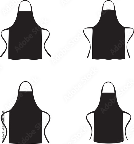 Four black aprons with long ties in silhouette style