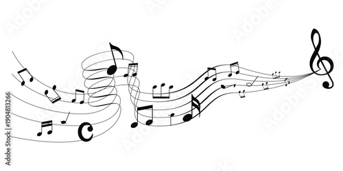 Vector musical melody with floating notes on staff lines. Curved musical notes and treble clef lines illustration.