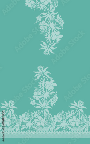 White flowers on the branches on Green background seamless pattern for all prints on hand drawing style.