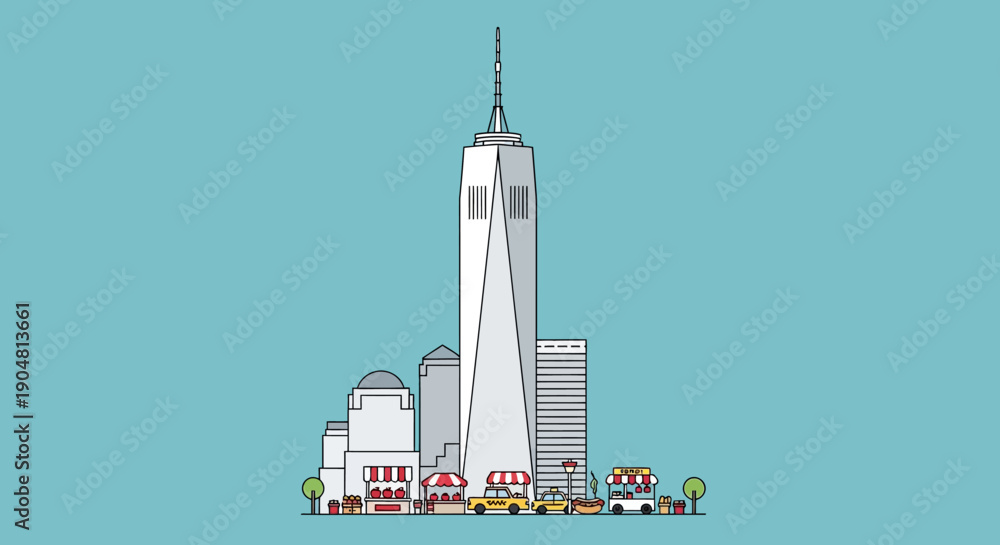 Obraz premium Iconic New York City skyline illustration featuring the One World Trade Center and surrounding buildings, capturing the essence of urban architecture and cityscape vibrancy