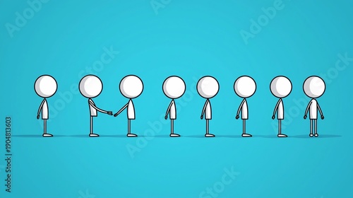Stick figures shaking hands on blue